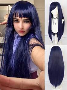 30Inch/80cm Dark Blue Universal Wig Extra Long Straight Hair Wig Heat Resistant Synthetic Wig Comfortable And Stylish Versatile Anime Cosplay Wig With Bangs For Halloween Carnival School Party Wig Straight Super Long Dark Blue Wig With A Long Fringe For Holiday Birthday Gift For Christmas Thanksgiving Day Decorations & 1pc Wig Cap - Navy Blue - View 1