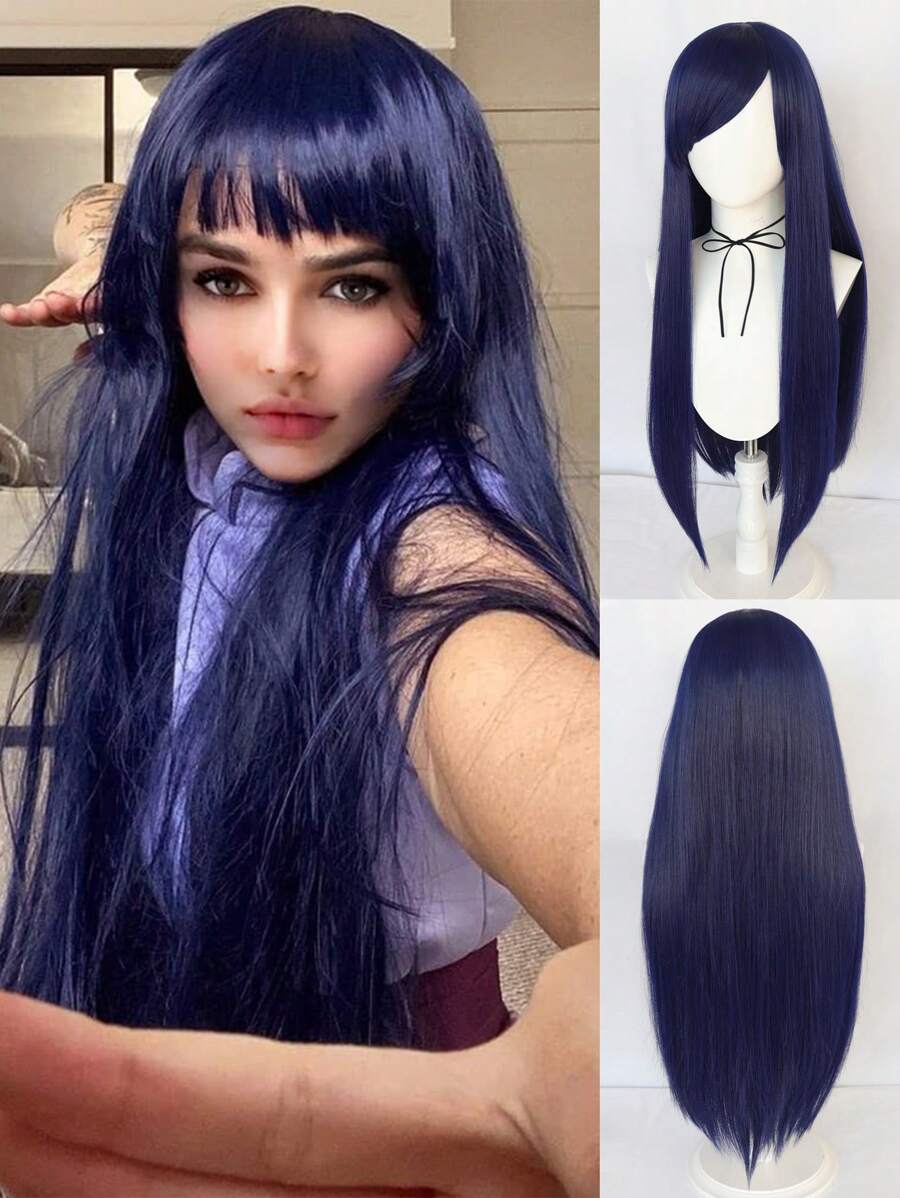 30Inch/80cm Dark Blue Universal Wig Extra Long Straight Hair Wig Heat Resistant Synthetic Wig Comfortable And Stylish Versatile Anime Cosplay Wig With Bangs For Halloween Carnival School Party Wig Straight Super Long Dark Blue Wig With A Long Fringe For Holiday Birthday Gift For Christmas Thanksgiving Day Decorations & 1pc Wig Cap - Navy Blue - View 1
