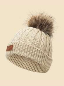 1pc Solid Color Baby Pom Pom Knit Hat With FAS JEANSPU Label, Cable Knit Design, Suitable For Autumn/Winter Daily Warmth And Cold Protection - 1PC - View 4