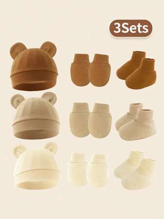 3pcs/Set Newborn Infant Beanies + Anti-Scratch Mittens + Socks Suit In Milk Tea Color For Daily Wear