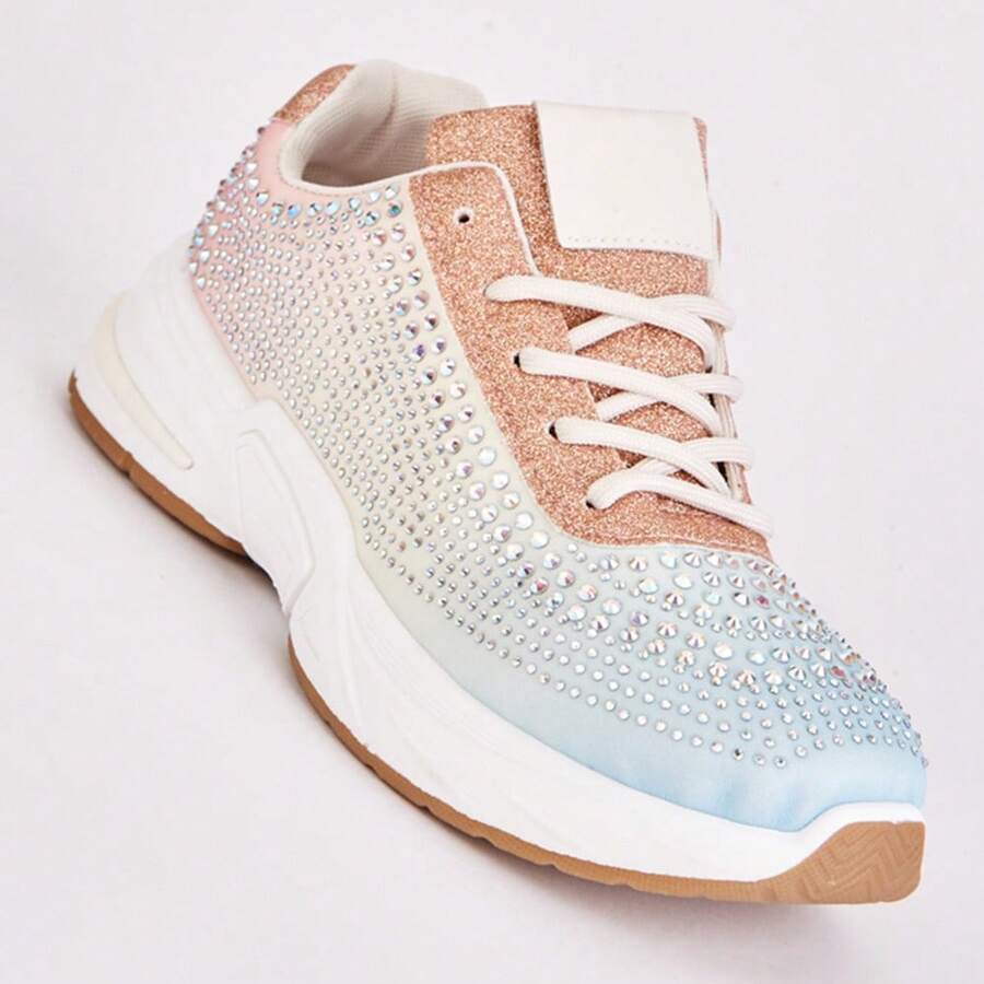 Diamante Encrusted Lace Up Trainers - Multi - View 1
