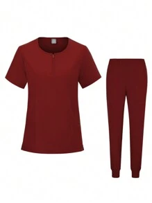Women's Anti-Fluid Uniform Pajamas And Short-Sleeved Top Set With Pants - 酒紅色 - 查看 3