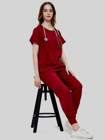 Pijama Uniforme Antifluidos Mujer Y Conjunto top de manga corta con pantalones, Enfermeras uniformes de verano de manga corta separa traje de enfermería uniformes de enfermería traje de lavado a mano ropa elástica de secado rápido top de manga corta con pantalones