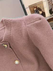 女士时尚宽松针织开衫春秋季灯笼袖长袖上衣 - 藕粉色 - 查看 3