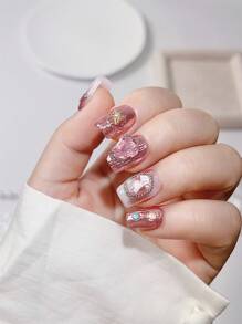 Kit de unhas postiças artesanais com 10 peças, formato quadrado curto, pincel rosa transparente, lua, estrela, pérola, coração, brilhante, iridescente, glitter, decoração luxuosa com strass, contas de flores, fogos de artifício, coração, acabamento brilhante, neutro, estilo japonês, suprimentos para unhas - Rosa - Ver 3