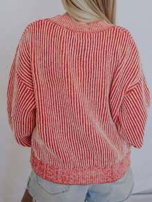 Women's Red Striped Print Ribbed Trim Round Neck Sweater