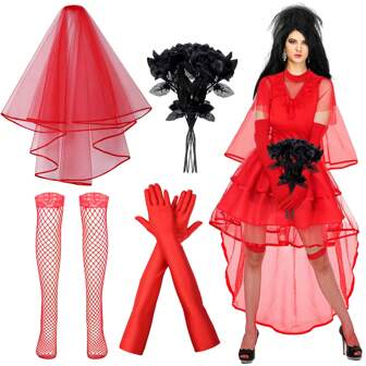 7pcs/4pcs Women Halloween Cos Bride Costume Set Adult Gothic  Red Wedding Bridal Headdress Undead Goth Bride Halloween Day Of The Dead