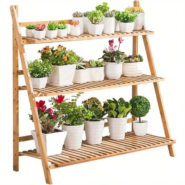 Foldable Plant Stand 3 Tier Flower Ladder Stand Planter Ladder Stand Indoor Outdoor Garden Ladder Display Shelf Wooden Plant Ladder Storage Display Shelf For Living Room Balcony