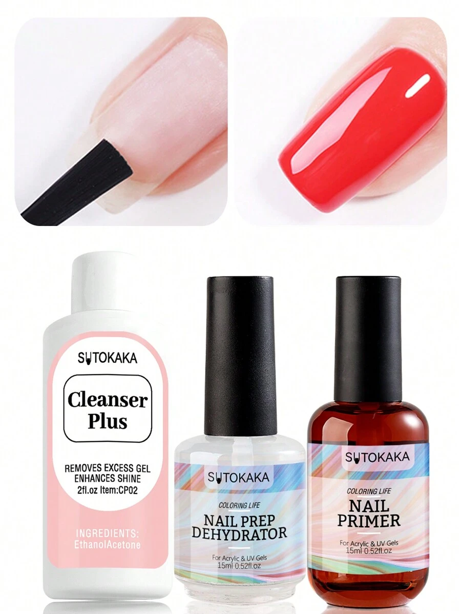3pcs Nail Care Set - 15ml Nail Prep Dehydrator, 15ml Acid Free Nail Primer, 2fl.Oz Nail Extension Slip Solution Poly Nail Gel Polish Soak Off Nail Art Varnish Manicure Set
