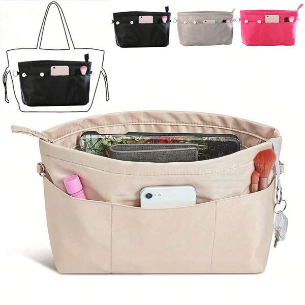 Borsa organizer in tela, organizer per borse a mano in tela, borsa per cosmetici con 13 tasche, borsa organizer per articoli da toeletta, inserto organizzatore con tasche multiple, borsa portatile leggera per il viaggio con scomparto con cerniera, organizer per borsa con tasche multiple
