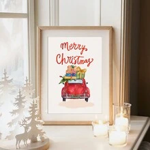 圣诞快乐印刷品 | 水彩圣诞汽车墙饰 | 复古圣诞艺术 | 红色和绿色圣诞家居装饰 | 一套 1 张，帆布海报，适用于家庭、客厅、卧室、厨房、浴室的帆布墙饰 - 彩色 - 查看 4