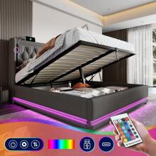 Okwish Box Spring Bed Upholstered Bed 90/140/160/180 X 200 Cm With Headboard With USB Charging Port And LED Lighting, Hydraulic Storage Bed With Bed Box Storage Space (Without Mattress)