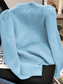 Women's Chic Loose Knitted Cardigan Sweater With Puff Sleeves, For Spring And Autumn,Long Sleeve Tops - New Orange Blue - View 2