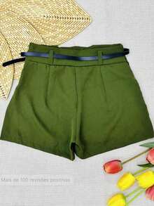 WOMEN'S TAILORED SHORTS WITH BLACK LEATHER BELT - 橄欖綠 - 查看 3