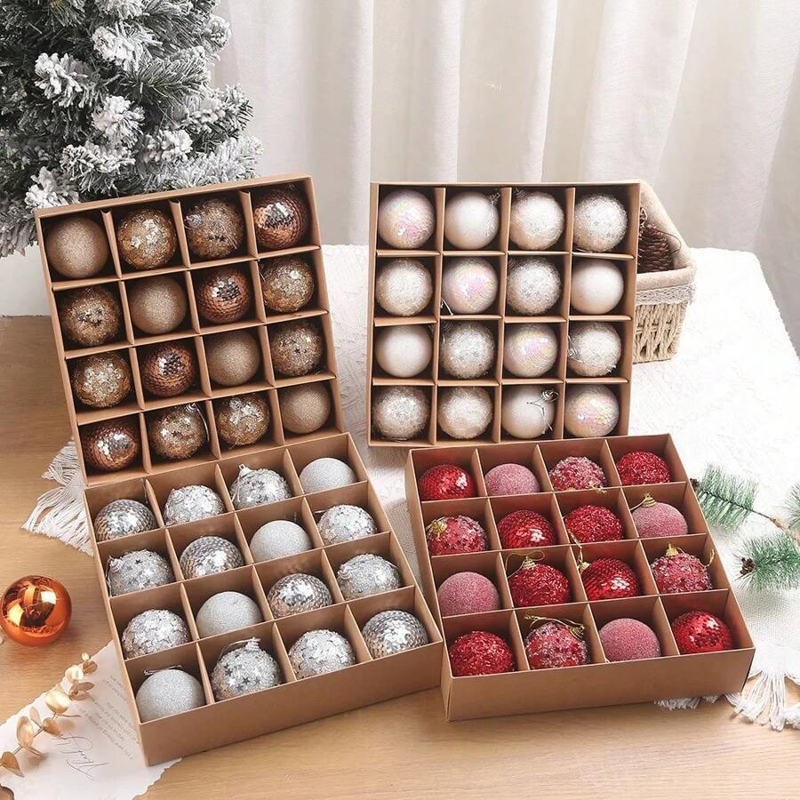 16 Stück/Box 6CM Weihnachtskugeln Ornamente Champagner Gold Rot Glitzer Schaumstoffkugeln Basteleien für Weihnachtsbaum Hängende Anhänger Geschenk Heim Dekoration Weihnachtsdekorationen Raumdekoration Winter