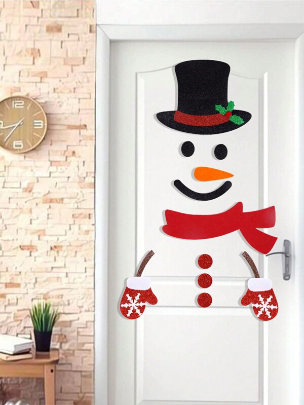 1set Adorable Decoration Felt Santa Snowman Reindeer Cartoon Door Decal, Shop Window Display Accessories, Removable Snowman Door Sticker, Window Sticker (Includes Adhesive Points) Best Gifts Birthday Graduation