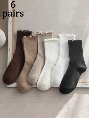 6/12 Paar sortierte Damen Herbst/Winter Socken, japanischer/koreanischer Stil, modisch vielseitig süße Studentinnen lange Röhrensocken mit Rüschenkante