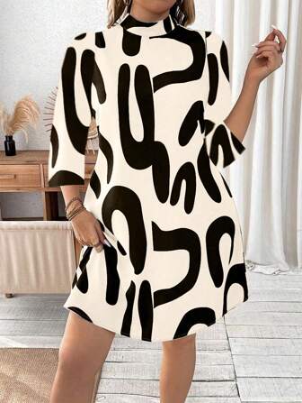 Plus Size Casual Tryckt Stand Collar Halter Dress