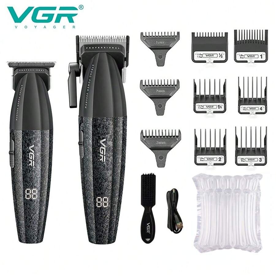 VGR專業電動理髮器和修剪器套裝，無線充電式理髮器，帶LCD顯示屏，無線沙龍/家用修剪工具，V-640黑色（無盒裝）