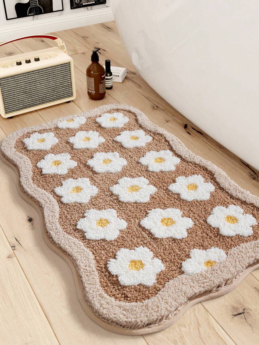 1pc Cute Cartoon Flower Bathroom Mat, Thick Soft Super Fiber Material, Non-Slip TPR Backing, Machine Washable, Suitable For Living Room, Vanity, Bathtub, Shower, Sink - Bathroom/Entryway Decor