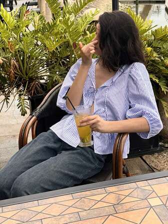 Women's Front Tie, Puff Sleeve, Ruffled Striped Casual Top, Summer