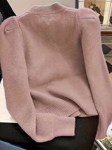 女士时尚宽松针织开衫春秋季灯笼袖长袖上衣 - 藕粉色 - 查看 2