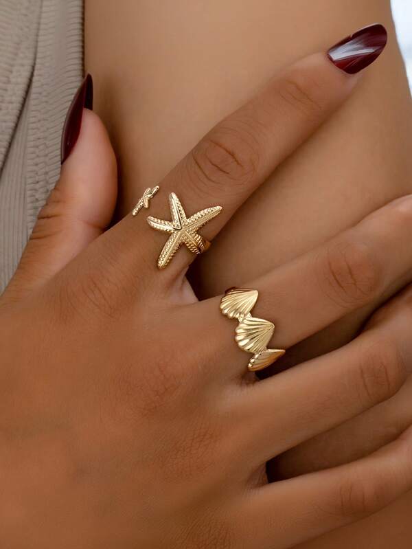 Conjunto de 2/4 peças de anéis de aço inoxidável com estrelas do mar e conchas da moda, acessórios de joias casuais para mulheres