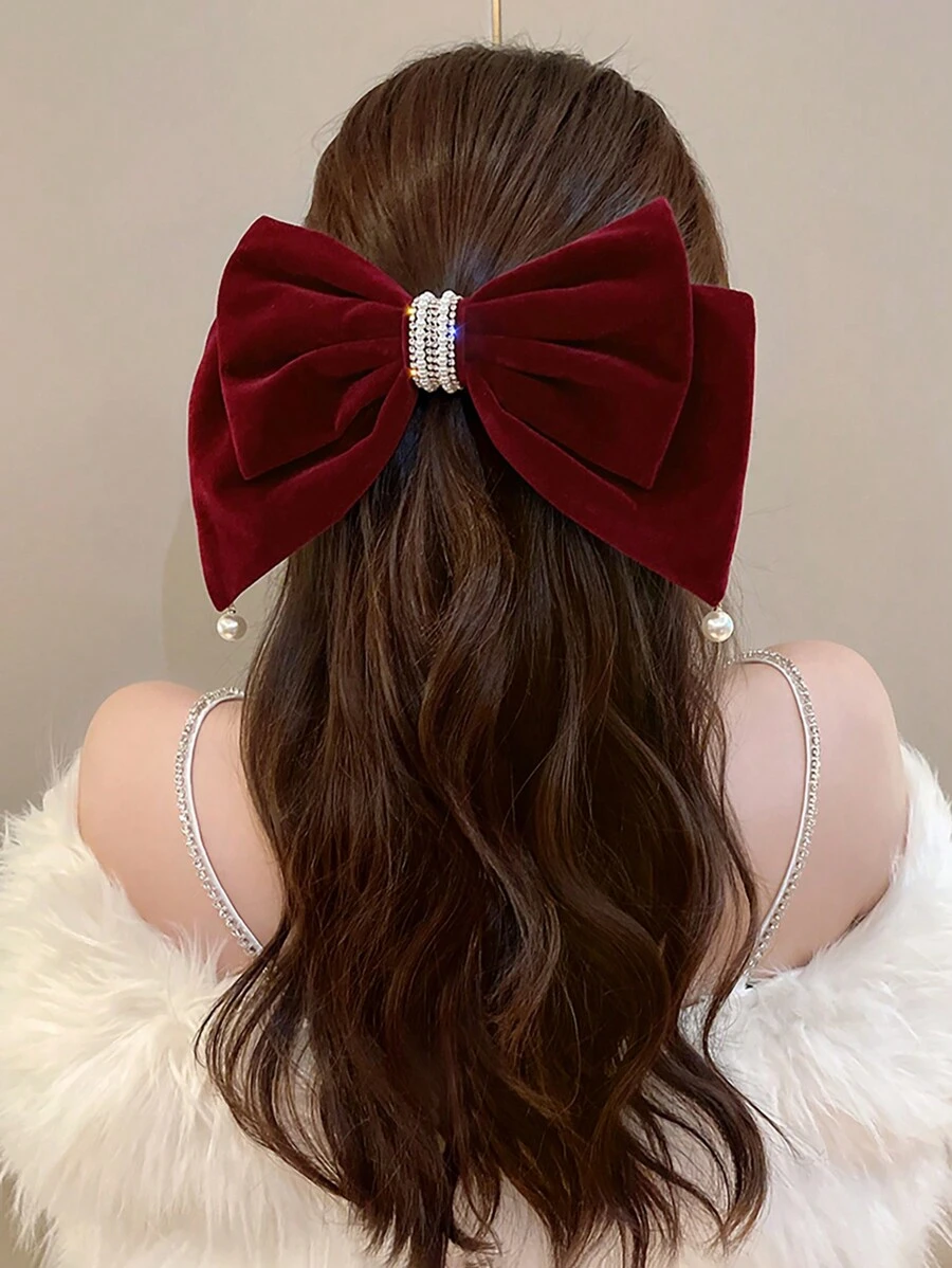 1 kẹp tóc nơ đính ngọc trai giả nhung cỡ lớn cho nữ, trang phục hàng ngày ngọt ngào thanh lịch, thích hợp cho hàng ngày, tiệc tùng, vũ hội, phụ kiện kẹp tóc ngày lễ tình nhân kẹp tóc kẹp tóc - Màu Đỏ Sâu - Xem 1