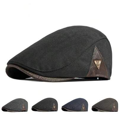 1 件装男士拼接贝雷帽，时尚几何图案报童帽，户外休闲保暖前扣帽，适合秋冬季、街头、商务、派对