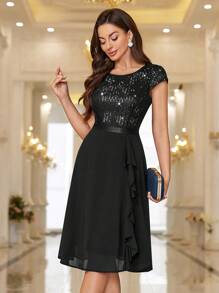 MIUSOL Sequin Lace Ruffle Trim Black Chiffon Flowing Cocktail Party Swing Dress, Pleated Hem For Wedding Guest, Birthday, Homecoming - Black - View 3