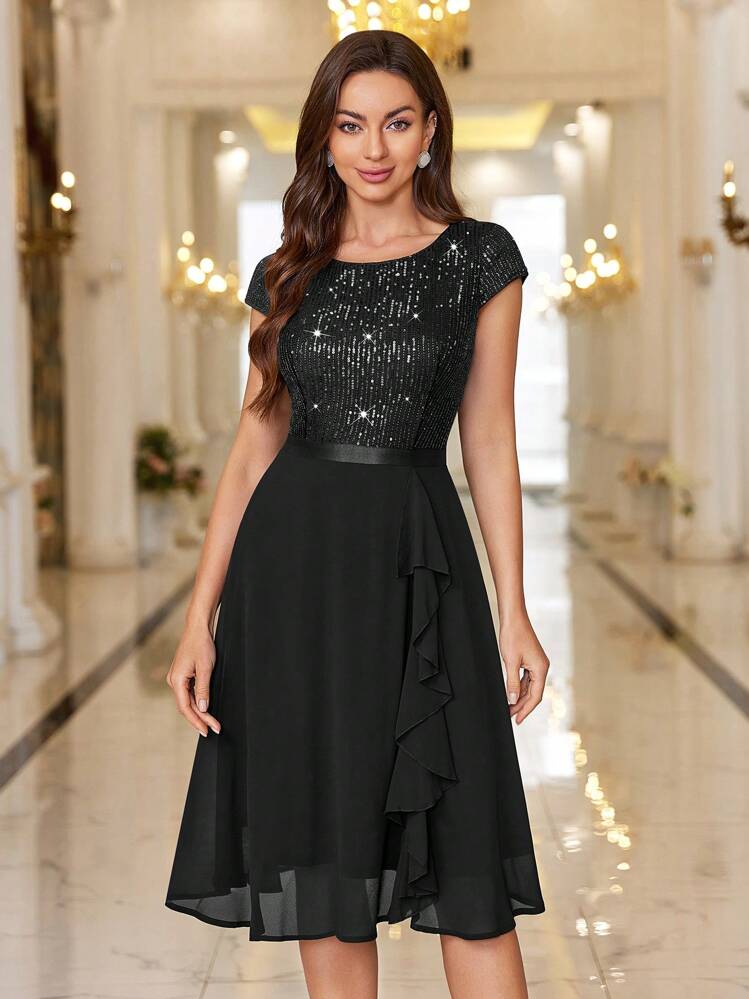 MIUSOL Robe de cocktail évasée en mousseline de soie avec bordure volantée à paillettes et dentelle - Noir - Voir 1