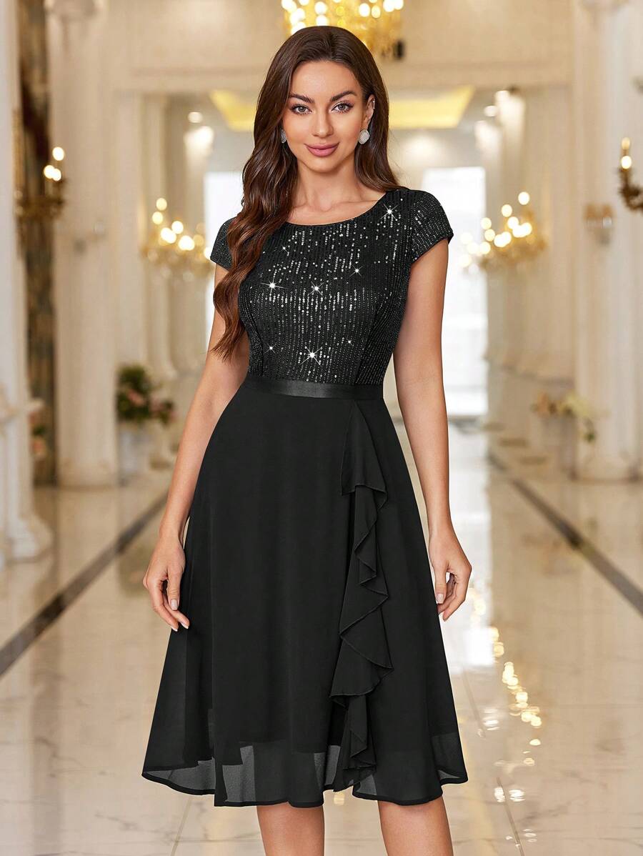 MIUSOL Sequin Lace Ruffle Trim Black Chiffon Flowing Cocktail Party Swing Dress, Pleated Hem For Wedding Guest, Birthday, Homecoming - Black - View 1