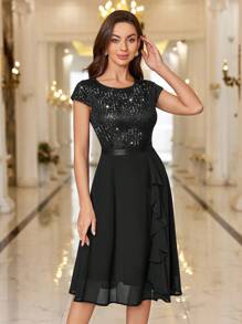 MIUSOL Sequin Lace Ruffle Trim Black Chiffon Flowing Cocktail Party Swing Dress, Pleated Hem For Wedding Guest, Birthday, Homecoming - Black - View 5