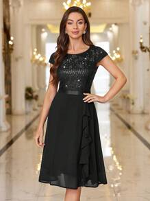 MIUSOL Sequin Lace Ruffle Trim Black Chiffon Flowing Cocktail Party Swing Dress, Pleated Hem For Wedding Guest, Birthday, Homecoming - Black - View 4
