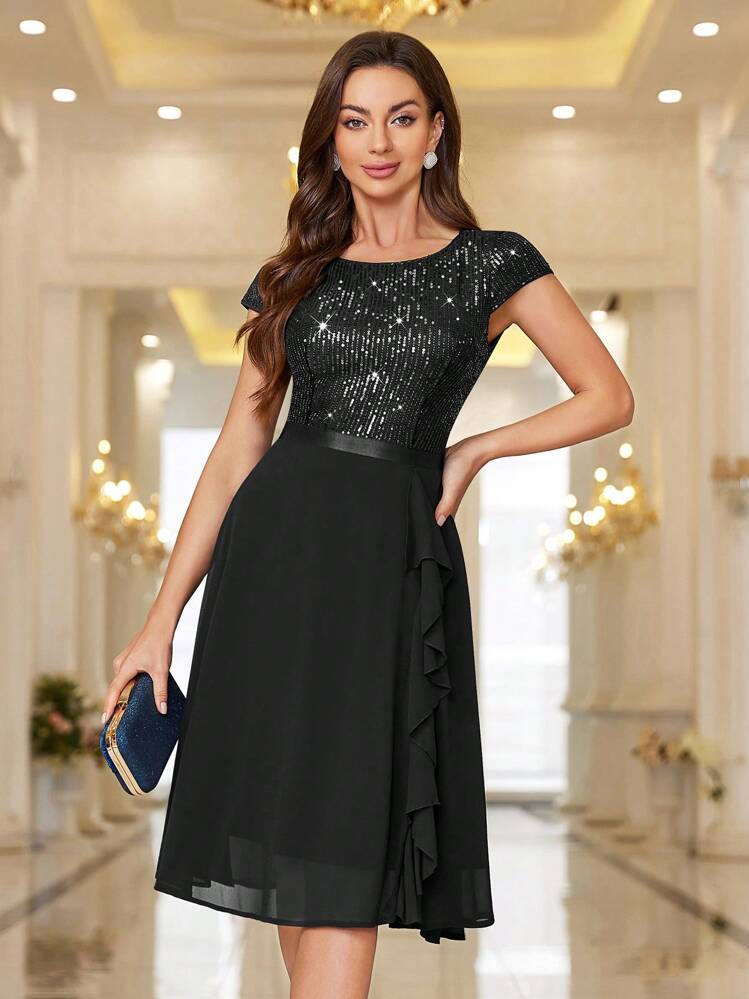 MIUSOL Robe de cocktail évasée en mousseline de soie avec bordure volantée à paillettes et dentelle - Noir - Voir 6