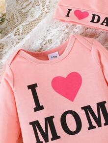 3件套女婴圆领长袖字母爱心印花连体衣、休闲侧边拼接裤、帽子 - 彩色 - 查看 4