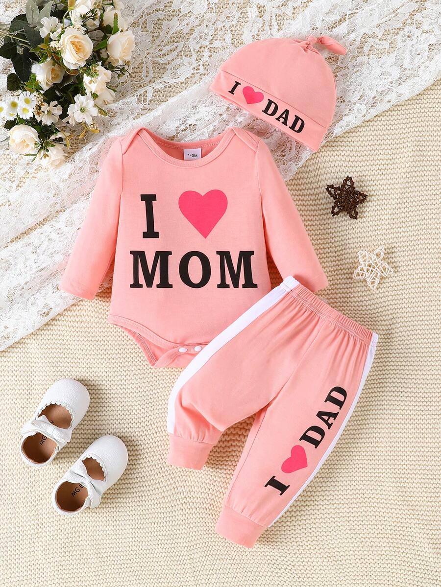 3件套女婴圆领长袖字母爱心印花连体衣、休闲侧边拼接裤、帽子 - 彩色 - 查看 1