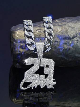 1pc Miami Men's  Chain Numeric 23 Pendant Necklace, Hip Hop Fashion Rhinestone Jewelry