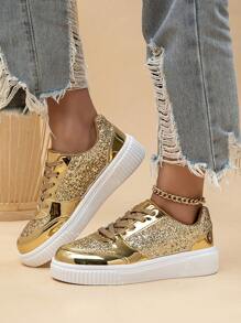 女士休闲运动鞋，时尚百搭亮面运动鞋，舒适轻便 - 金色 - 查看 2