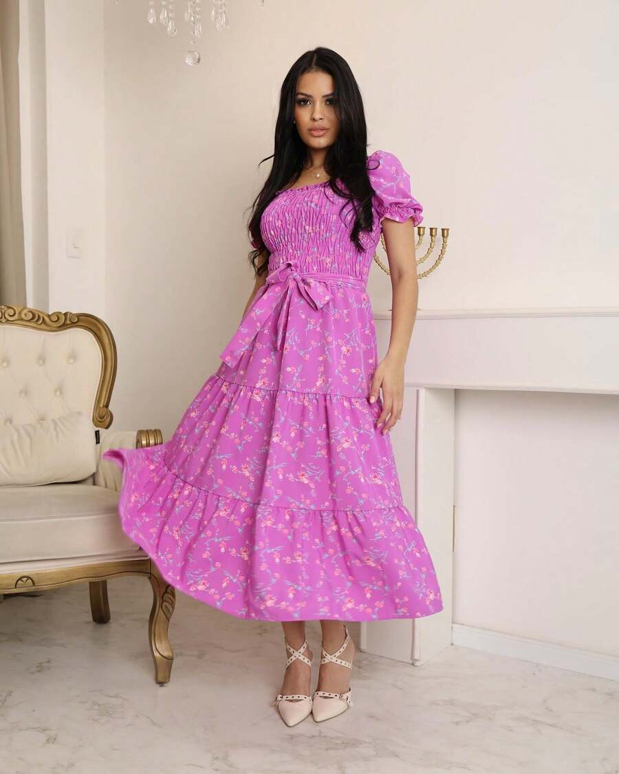 Summer Floral Crepe Midi Dress With Belt - 紫羅蘭色 - 查看 1