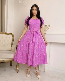 Summer Floral Crepe Midi Dress With Belt - 紫羅蘭色 - 查看 2