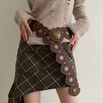 Vintage Heart Studded Splice Decor Retro Belt, American Style Accessory Valentine's Day Valentines Summer, School Fall, Autumn, Halloween