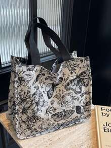 1pc Floral Print Canvas Tote Bag, Shoulder Bag, Lightweight Crossbody Bag, Convenient Storage Bag, Commuter Bag For Women, Large Capacity Handbag, Multi-Function Embroidered Flower Shoulder Bag, Portable Storage Bag - Multicolor - View 9