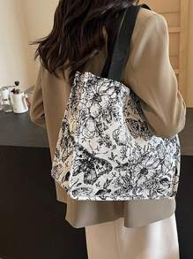 1pc Floral Print Canvas Tote Bag, Shoulder Bag, Lightweight Crossbody Bag, Convenient Storage Bag, Commuter Bag For Women, Large Capacity Handbag, Multi-Function Embroidered Flower Shoulder Bag, Portable Storage Bag - Multicolor - View 6