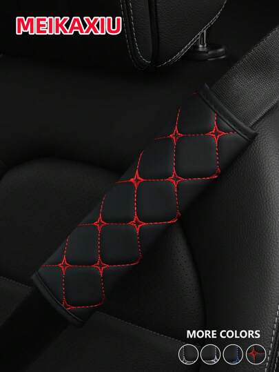 MEIKAXIU 1pc PU Leather Plaid Embroidered Car Belt Cover, Comfortable Seat Belt Shoulder Pad, Universal For Car, Truck, SUV, 4 Seasons Use For Men And Women,Car Accessories