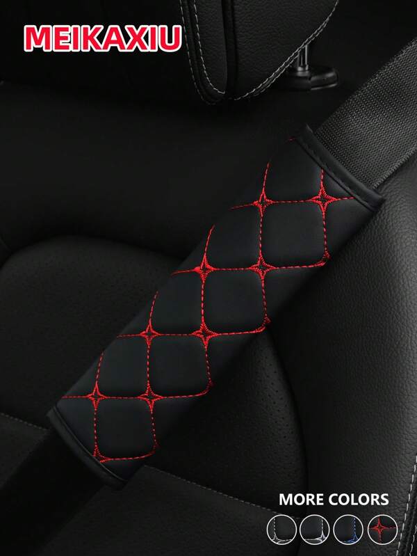 MEIKAXIU 1pc PU Leather Plaid Embroidered Car Safety Belt Cover, Comfortable Seat Belt Shoulder Pad, Universal For Car, Truck, SUV, 4 Seasons Use For Men And Women