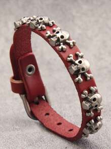 1條合金製男士骷髏形手鐲,朋克風格,設有星星和皮革帶,古色古香的銀色 - 酒紅色 - 查看 13
