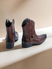 Western Cowboy Boots With Side Zipper Pointed Toe Mid-Calf Men Boots - Brown - View 4