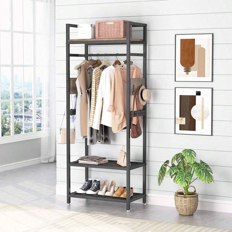 Industrial Hall Tree Entryway Coat Rack With With Shoe Storage Shelf