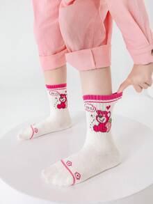 5双/包女童及膝袜，草莓熊条纹卡通熊图案，亲肤柔软舒适透气时尚休闲运动袜，适合节日、返校、旅行、户外活动、日常搭配 - 彩色 - 查看 2